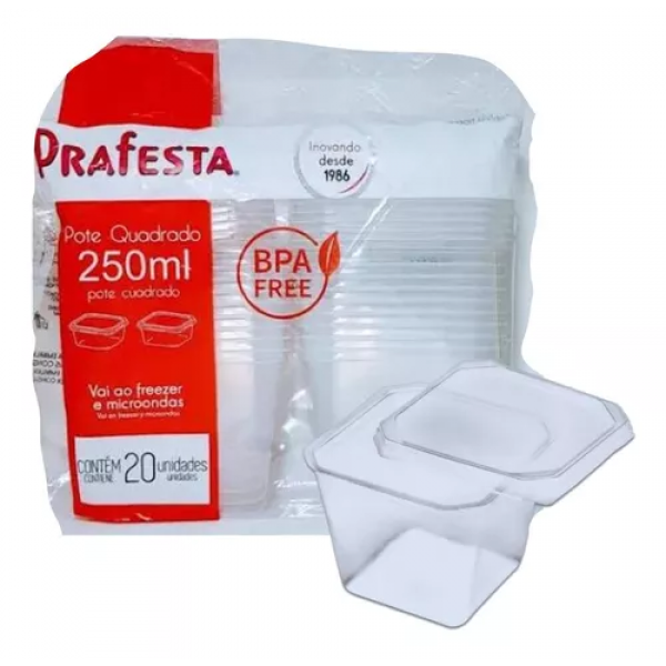 POTE QUAD. 250ML COM TAMPA PRAFESTA 20UNID